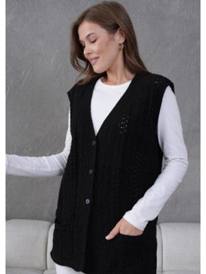 Kadın Triko Ajurlu Cep Detaylı Yün Yelek