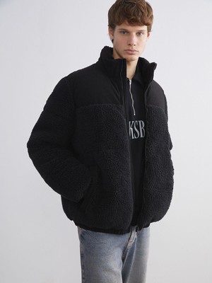 Lc Waikiki Siyah Dik Yaka Erkek Pelüş Şişme Mont 3XL Standart Kalıp ile Şık Tasarım