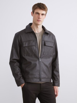 Lc Waikiki Yeni Sezon Standart Kalıp Gömlek Yaka Erkek Deri Görünümlü Mont