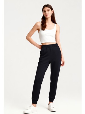 Tommy Life Lacivert Yüksek Bel Jogger Rahat Form Manşetli Kadın Eşofman Alt - 94561