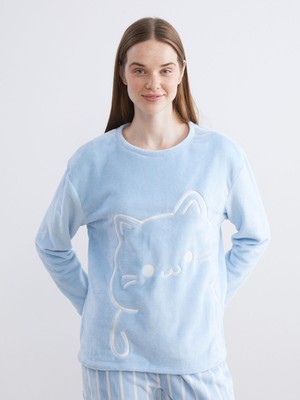 Lc Waikiki Yeni Sezon Kedi Nakışlı Pelüş Kadın Pijama Takımı