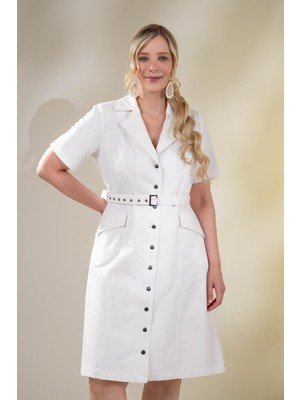 Roxxlen Kadın Büyük Beden Kemerli Gabardin Beyaz Elbise
