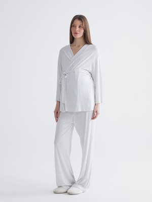 Lc Waikiki Yeni Sezon Şal Yaka Çizgili Hamile Pijama Takımı