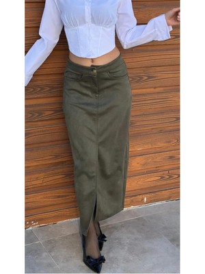 Ecenin Favorileri Haki Süet Önden Yırtmaçlı Midi Etek