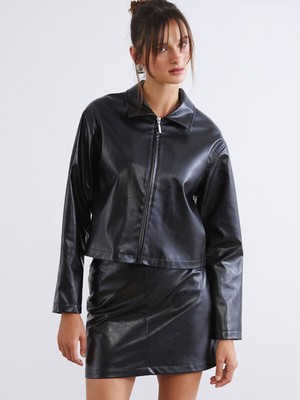 Lc Waikiki Yeni Sezon Gömlek Yaka Kadın Deri Görünümlü Ceket