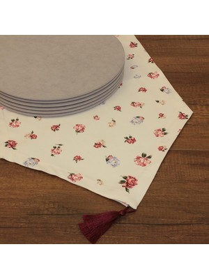 Mena Rise Gül Desenli Beyaz Zemin Arka Plan Baskılı Runner Servis 40X150 cm