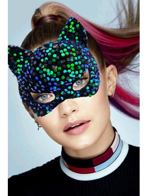 Shopwave Siyah Kadife Kumaş Üzerine Mavi Yeşil Payetli Pullu Parti Maskesi 16X14 cm
