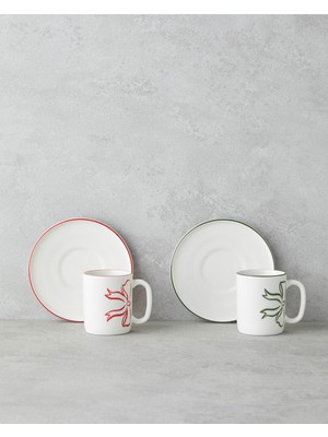 English Home Bowsie Bone Porselen 4 Parça 2 Kişilik Kahve Fincan Takımı 90 ml Kırmızı - Yeşil