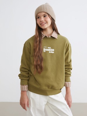 Lc Waikiki Yeni Sezon Bisiklet Yaka Baskılı Kız Çocuk Kalın Sweatshirt