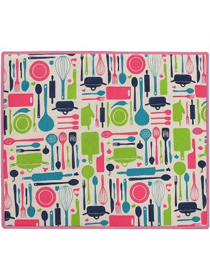 Mena Rise Desen Bulaşık Kurutma Altlığı, 35X45 Cm, Pembe ve Yeşil Çerçeveli, Mutfak Gereçleri Desenli