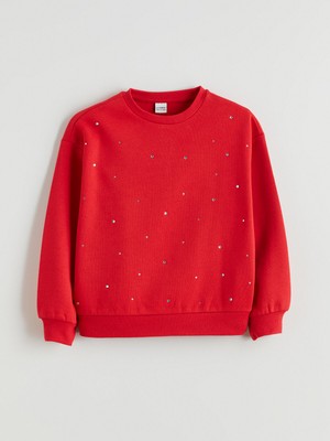 Lc Waikiki Kız Çocuk Taşlı Sweatshirt Kırmızı Renk Truvakar Kol Bisiklet Yaka