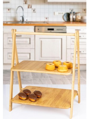 Mena Rise 2 Katlı Dikdörtgen Bambu Servis Sunum Seti Büyük Boy, Kuru Pasta, Kurabiye ve Kek Sunumları Için Büyük Boy (38CM-30CM-22.5CM)
