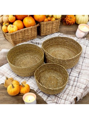 Mena Rise 3'lü El Yapımı Yuvarlak Hasır Düzenleyici Seti | 3'lü Hasır Yuvarlak Organizer Seti – Dekoratif, Çok Amaçlı ve Dayanıklı Sepetler (30X12CM – 25X10CM – 20X8CM)