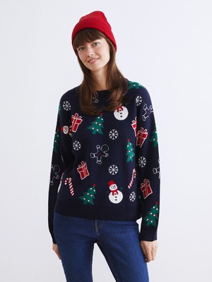 Lc Waikiki Yeni Sezon Bisiklet Yaka Yılbaşı Temalı Kadın Triko Kazak