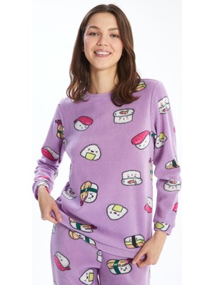 Lc Waikiki Yeni Sezon Bisiklet Yaka Desenli Polar Kadın Pijama Takımı