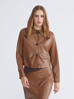 Lc Waikiki Yeni Sezon Gömlek Yaka Kadın Deri Görünümlü Ceket