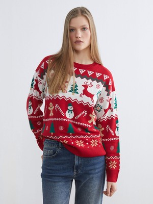 Lc Waikiki Yeni Sezon Bisiklet Yaka Yılbaşı Temalı Kadın Triko Kazak