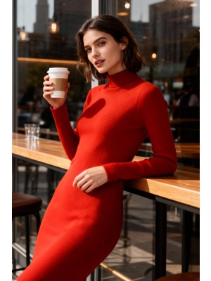 Tommy Life Kırmızı Kaşkorse Triko Dar Kalıp Balıkçı Yaka Kadın Elbise - 97117