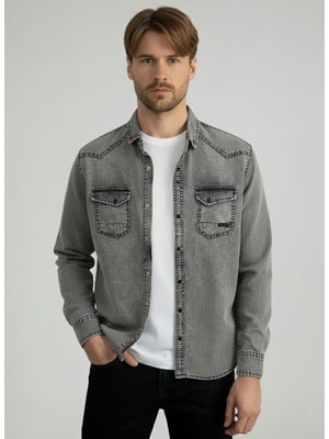 A02Teks Erkek Gömlek Slim Fit Erkek Yıkamalı Cepli Kot Gömlek