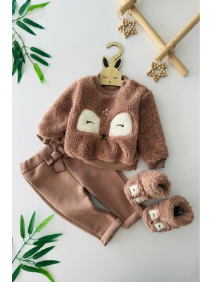 Miniğimin Cicileri Peluş Sevimli Panduflu Kız Çocuk 3 lü takım - Kahverengi