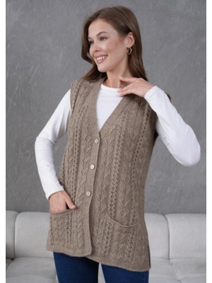 Kadın Triko Ajurlu Cep Detaylı Yün Yelek