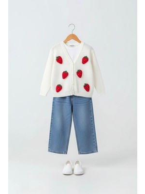 Miniğimin Cicileri Çilek Triko Işleme Detaylı Hırkalı Kız Çocuk 3 lü takım - Kırmızı