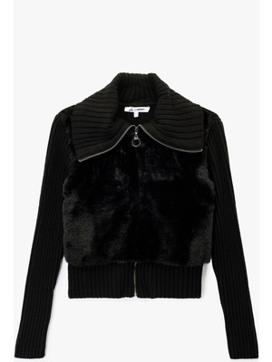 Koton Slim Fit Uzun Kollu Dik Yaka Fermuarlı Suni Kürklü Hırka