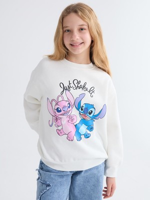 Lc Waikiki Yeni Sezon Bisiklet Yaka Stitch ve Angel Baskılı Kız Çocuk Sweatshirt