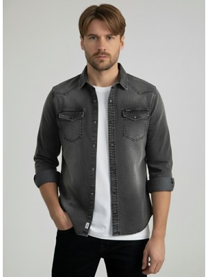 A02Teks Erkek Gömlek Slim Fit Erkek Yıkamalı Cepli Kot Gömlek