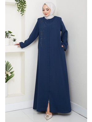 Çiçek Detay Taşlı Ferace Petrol HM2847