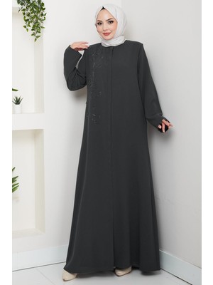 Çiçek Detay Taşlı Ferace Füme HM2847