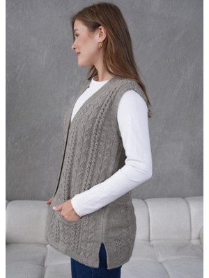 Kadın Triko Ajurlu Cep Detaylı Yün Yelek