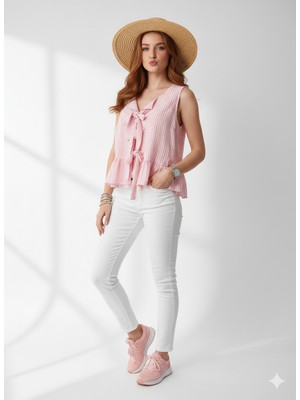 Ribana Classic Çizgili Gofre Kolsuz Fiyonk Detaylı Bluz