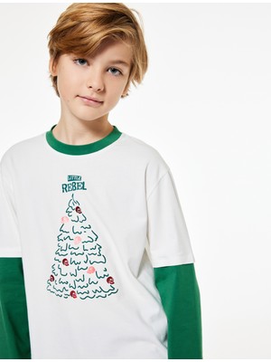 Koton Yılbaşı Ağacı Baskılı Uzun Kollu Bisiklet Yaka Tişört