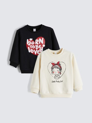 Lc Waikiki Yeni Sezon Bisiklet Yaka Baskılı Kız Çocuk Sweatshirt 2'li