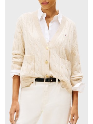 Tommy Hilfiger % 100 Yün Oversize V Yaka Örme Hırka Bayan Hırka WW0WW43089 Adk