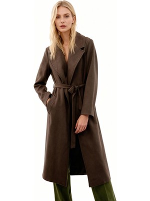 Rays Acı Kahve Kuşaklı Uzun Astarlı Kadın Kaban 7242A