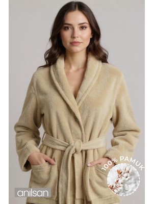Anılsan Şalyaka Bornoz Bej %100 Pamuk Unisex Spa Için Ideal Kadın/Erkek