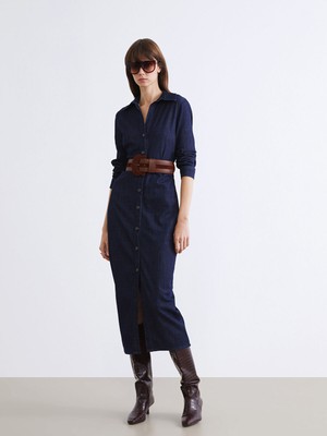 Lc Waikiki Yeni Sezon Gömlek Yaka Büzgülü Jean Elbise