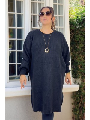 Yagmur Beren  Selanik Örgü Balon Kol Büyük Beden Kadın Triko Kazak Tunik