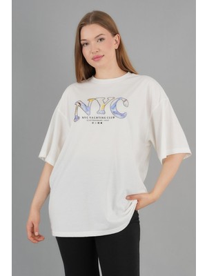 Geniş Kalıp Bisiklet Yaka Baskılı Kısa Kollu T-Shirt
