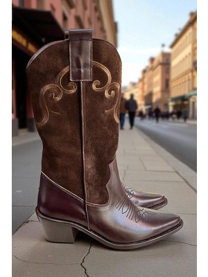 Tufan Shoes Kadın Kahve Hakiki Deri ve Süet Işleme Detaylı Western Çizme 5 cm Topuklu