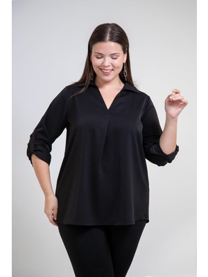 Roxxlen Kadın Büyük Beden V Gömlek Yaka Siyah Bluz