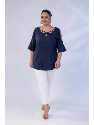 Roxxlen Kadın Büyük Beden Kolu Volanlı Lacivert Bluz