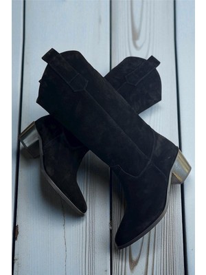 Tufan Shoes Siyah Hakiki Süet Western Çizme