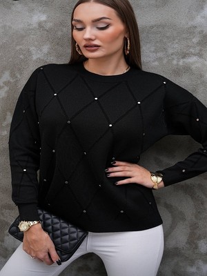 D'lavella Baklava Desen Taş Işlemeli Kazak