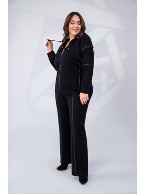 Roxxlen Kadın Büyük Beden Grogren Detaylı Eşofman Siyah Örme Kumaş ile Rahat ve Şık