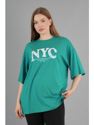 Geniş Kalıp Bisiklet Yaka Baskılı Kısa Kollu T-Shirt
