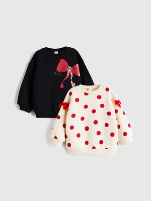 LC Waikiki Kız Çocuk Sweatshirt Seti Ekru Renkli Baskılı Truvakar Kol 2'li Paket