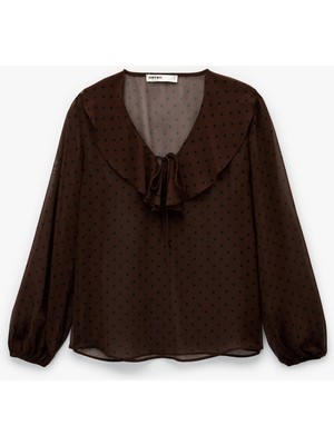 Koton Uzun Kollu Fırfırlı Yaka Volanlı Puantiyeli Bluz